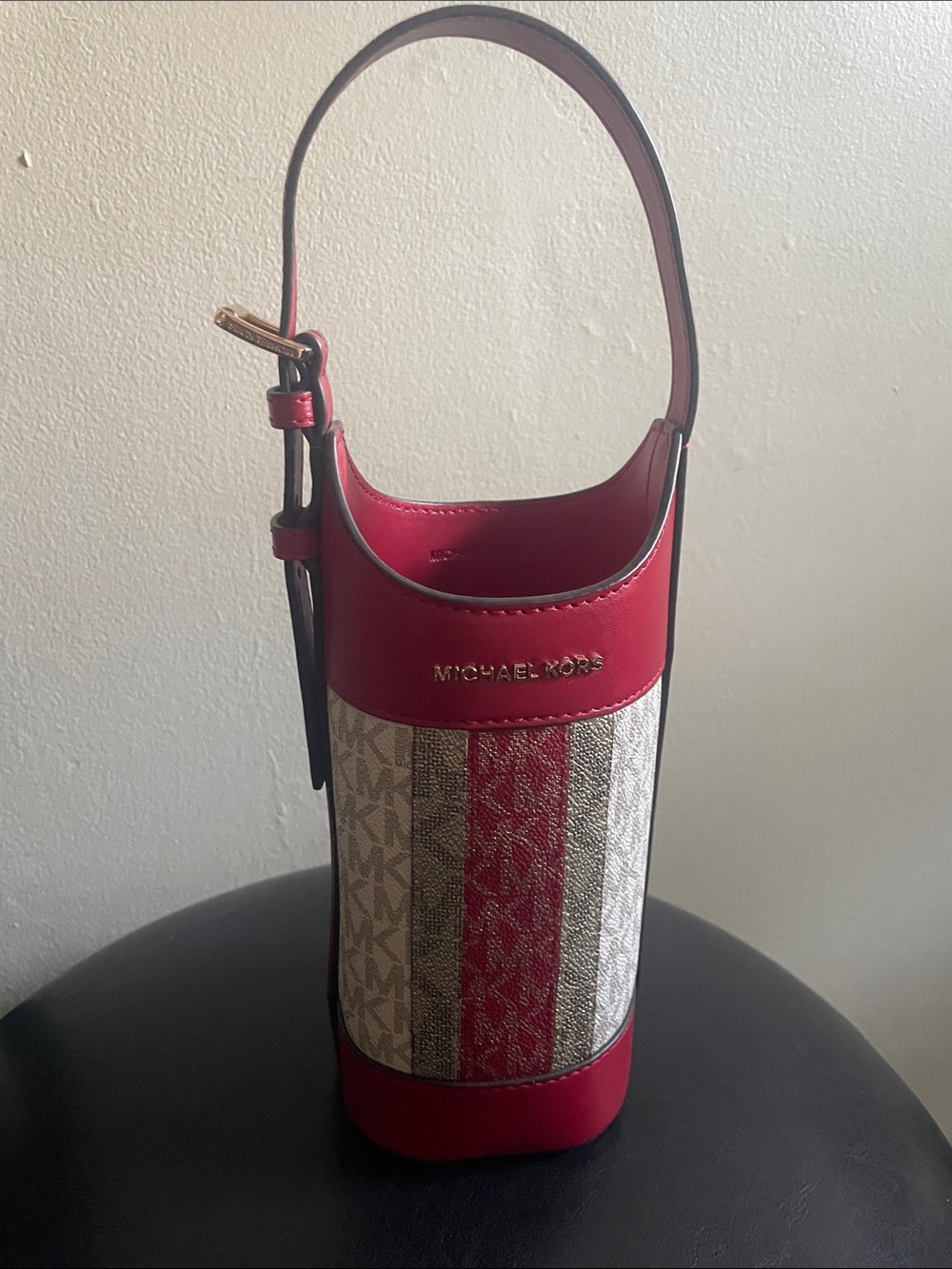 Michael Kors Red Trim Signature Stripe Mini Bucket Bag. Fits most wine bottles.